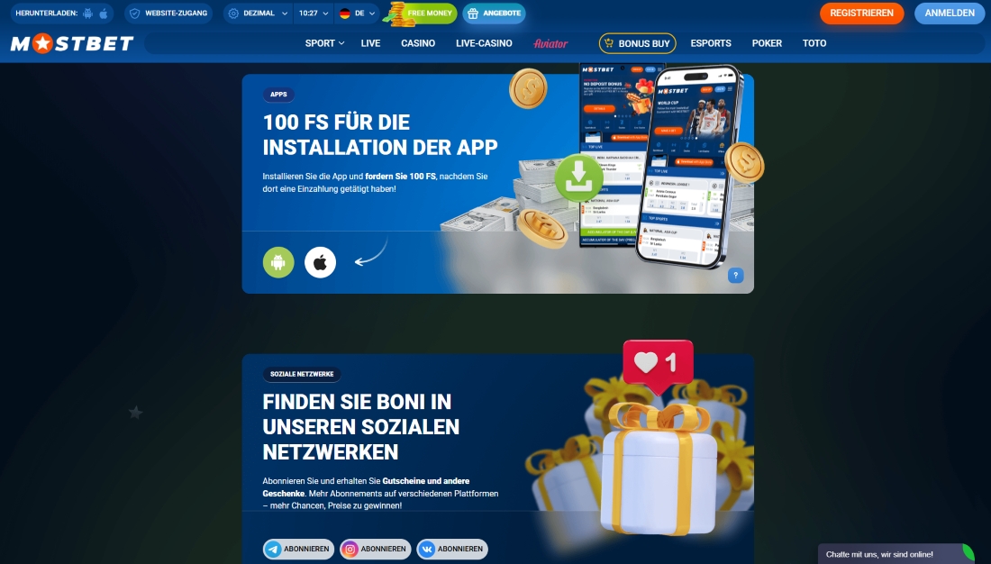 Bonusangebot für App-Installation und Aktionen in sozialen Netzwerken bei Mostbet