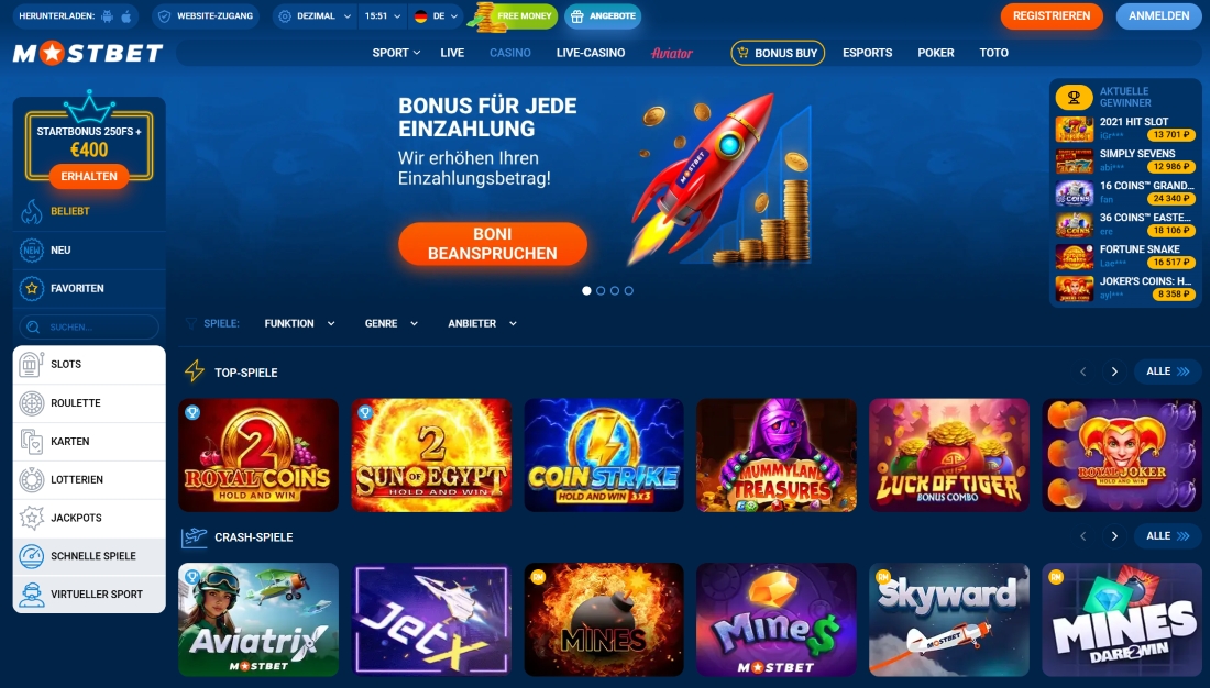 Mostbet-Aktionsseite mit Einzahlungsbonus, aktuellen Gewinnern und Zugang zu Top-Crashspielen