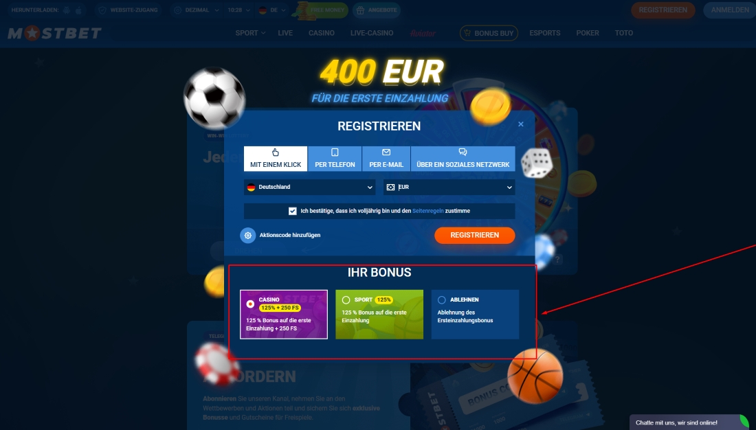 Auswahl zwischen Casino- und Sportbonus bei der Registrierung auf Mostbet sichtbar