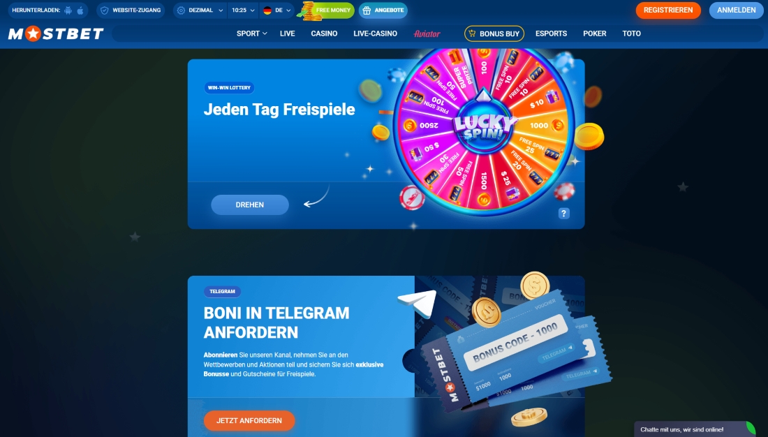 Glücksrad mit täglichen Freispielen und Telegram-Bonuscode bei Mostbet