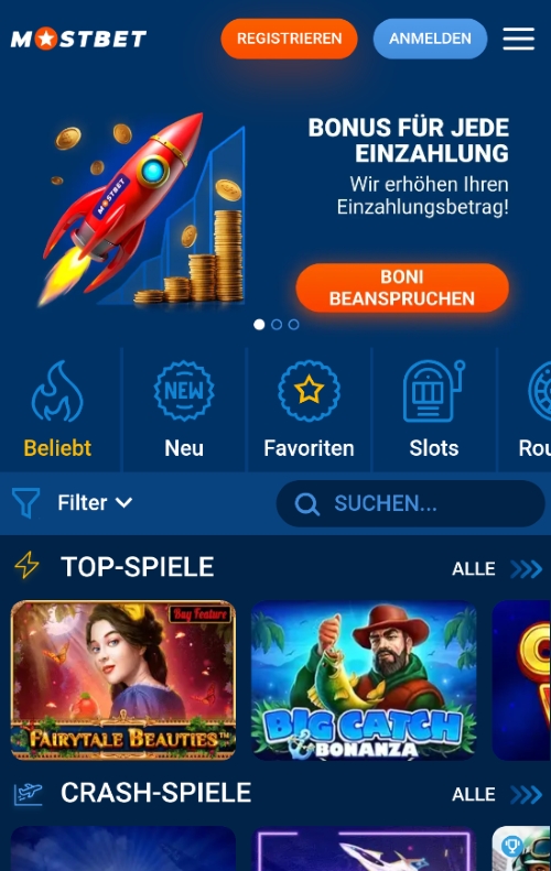 Willkommensbonus für Einzahlungen mit Zugang zu Top- und Crash-Spielen auf Mostbet Mobile