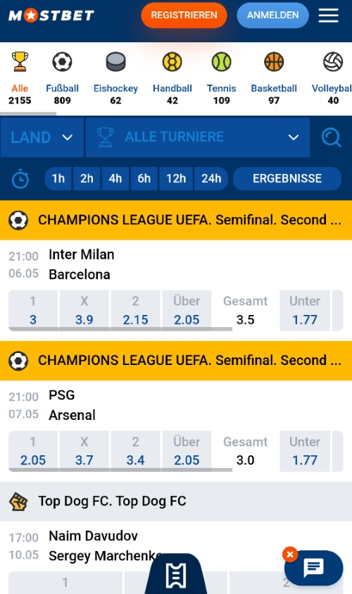 Mobile Wettübersicht bei Mostbet mit Quoten für Champions League und Top Dog FC