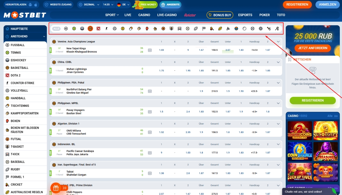 Übersicht aktueller Live-Sportwetten bei Mostbet mit verschiedenen Sportarten, Märkten und Quoten