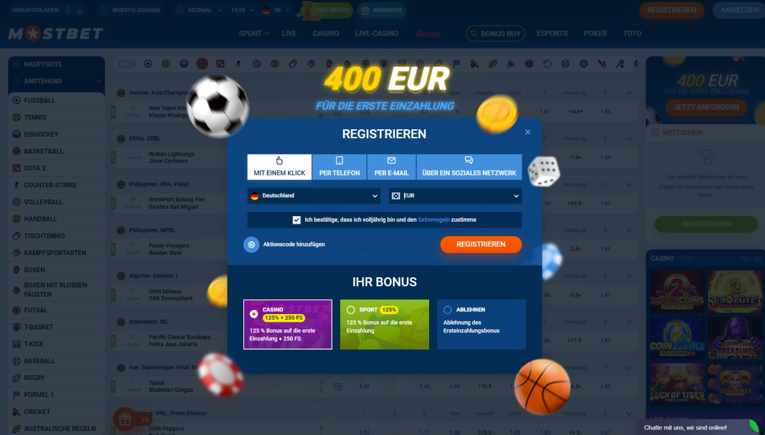 Registrierungspopup bei Mostbet mit Auswahlmöglichkeit für Casino- oder Sportbonus bei der ersten Einzahlung