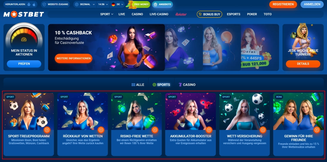 Übersicht der Mostbet-Promotions mit Cashback, Sport-Treueprogramm und risikofreien Wetten