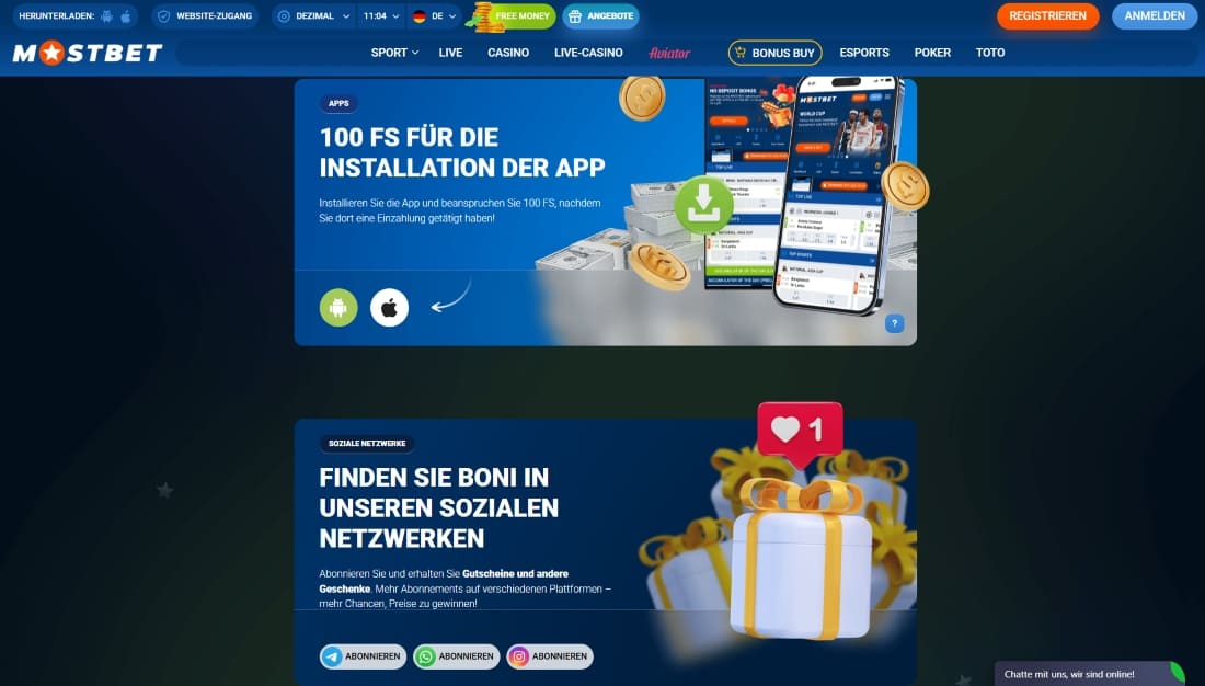 Mostbet-Boni für App-Installation mit 100 Freispielen und Prämien für soziale Netzwerke