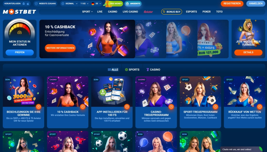 Aktionsseite von Mostbet mit Cashback, App-Bonus, Treueprogramm und exklusiven Casino-Promos