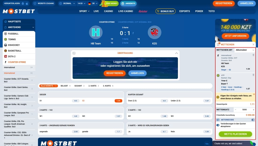 Esport-Wetten bei Mostbet für Counter-Strike-Match mit Akkumulator-Wettschein