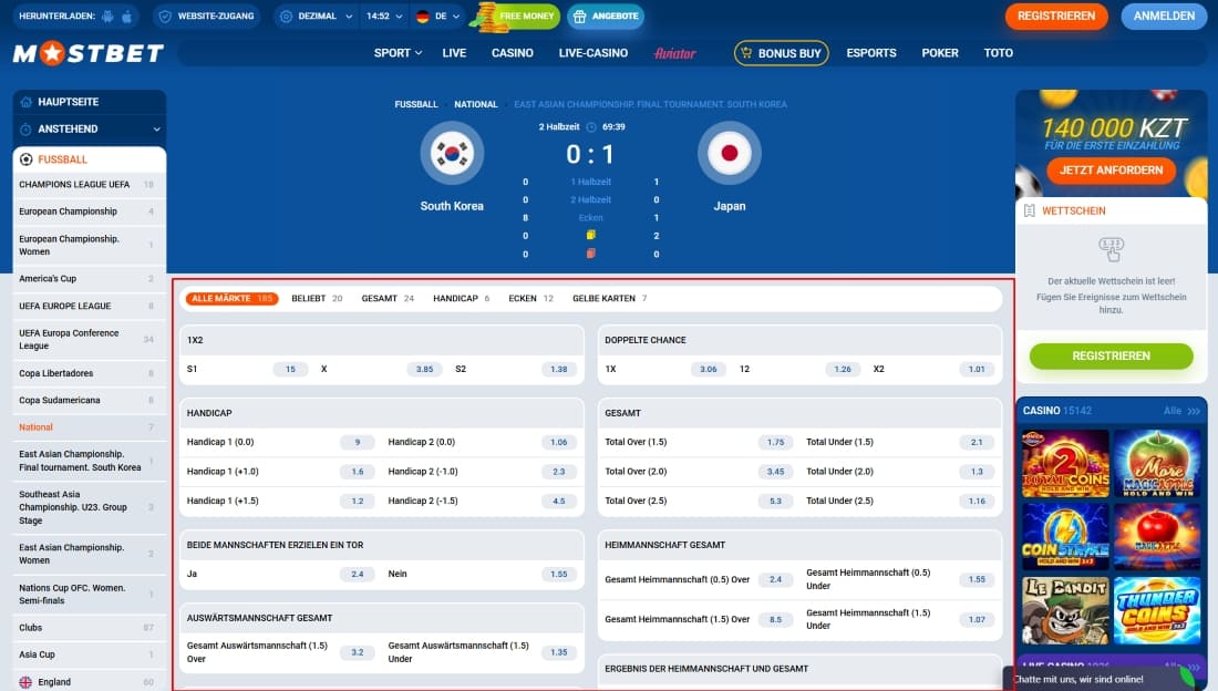 Live-Fußballwetten bei Mostbet mit Märkten für 1X2, Handicap und Über/Unter Tore