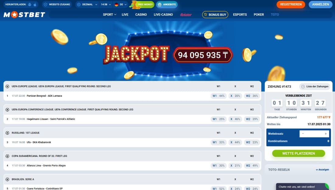 Jackpot-Bereich bei Mostbet mit UEFA Europa League und weiteren Sportereignissen zur Tippabgabe