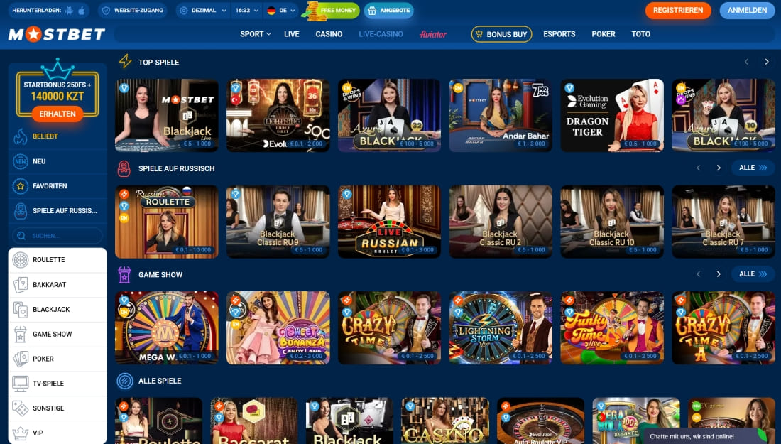Live-Casino-Lobby bei Mostbet mit Spielen wie Blackjack, Roulette, Andar Bahar und Game Shows