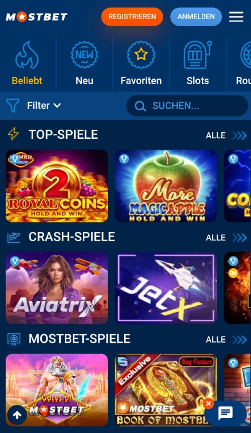 Mobile Lobby von Mostbet mit beliebten Slot-Spielen, Crash-Games und Mostbet-exklusiven Titeln