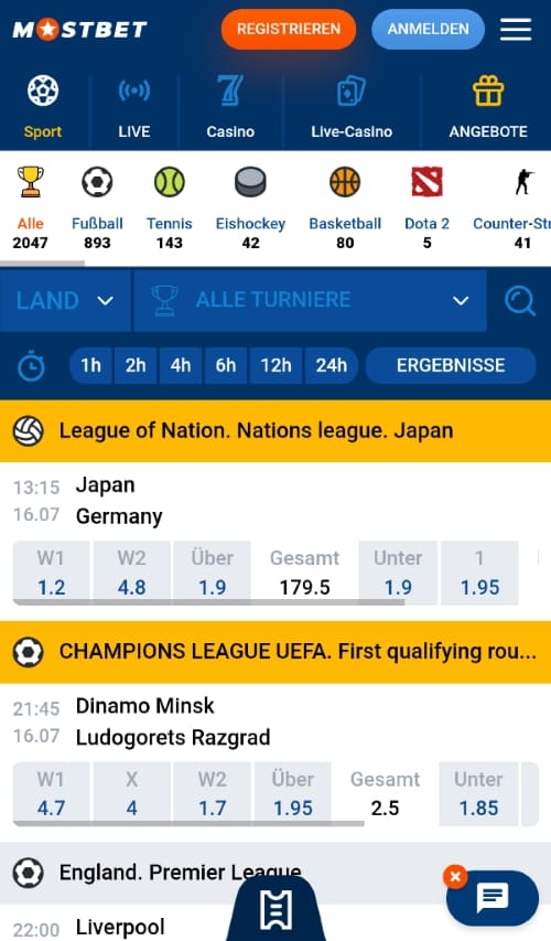 Mobile Ansicht der Mostbet-Sportwetten mit Live-Quoten für Fußball, Tennis und andere Disziplinen