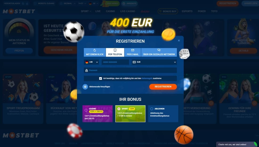 Registrierung bei Mostbet mit Optionen für Telefon, E-Mail und Bonusauswahl für Casino oder Sport