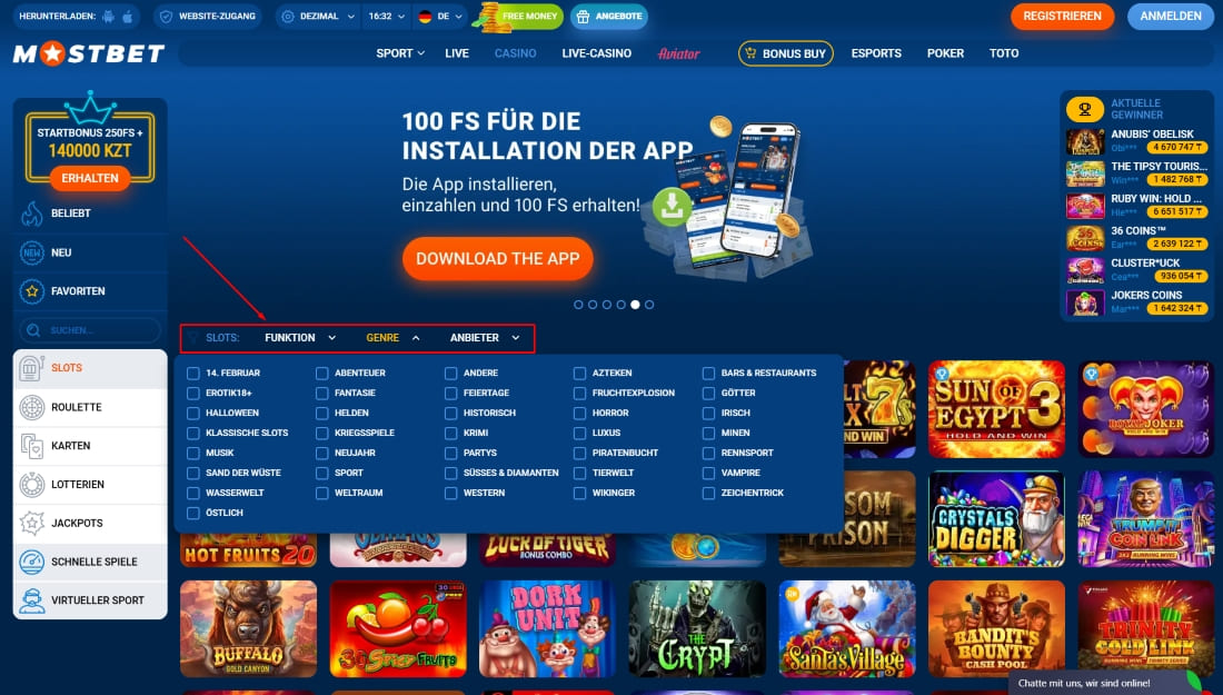 Slot-Kategorieansicht bei Mostbet mit Filtern für Funktion, Genre, Anbieter und Themenvielfalt