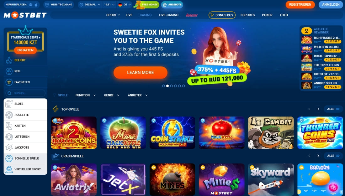 Slots-Lobby bei Mostbet mit beliebten Spielen, Crash-Games wie Aviator und aktuellen Promotionen