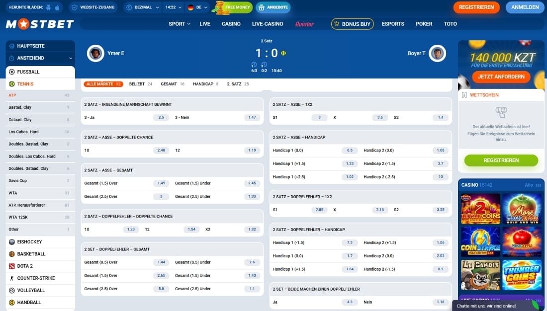 Live-Wettmärkte für Tennis bei Mostbet mit Handicaps, Gesamtpunkten und Satzwetten
