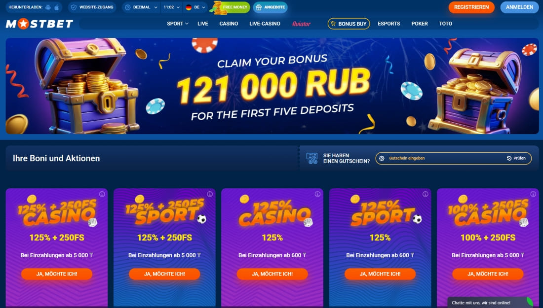 Bonusaktion bei Mostbet mit bis zu 121000 RUB für die ersten fünf Einzahlungen und Extra-Spins